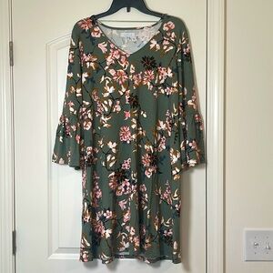 NWT New Directions Floral Sage Dress with Bell Sleeves Size XL NWT